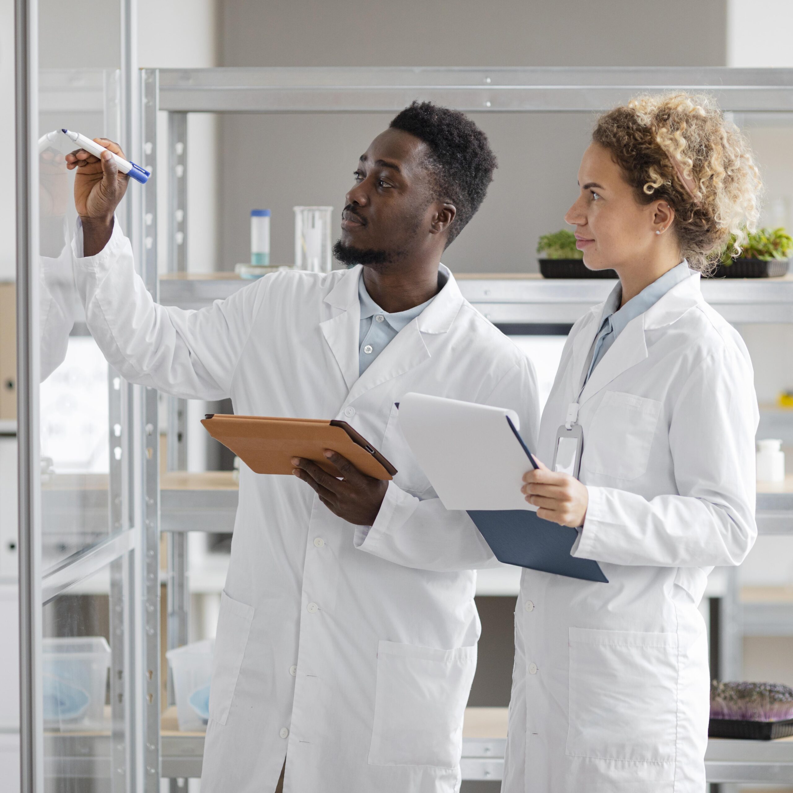 dos personas con batas de laboratorio escribiendo en un cristal